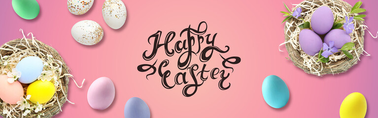Fototapeta na wymiar Creative greeting card for Happy Easter with beautiful eggs