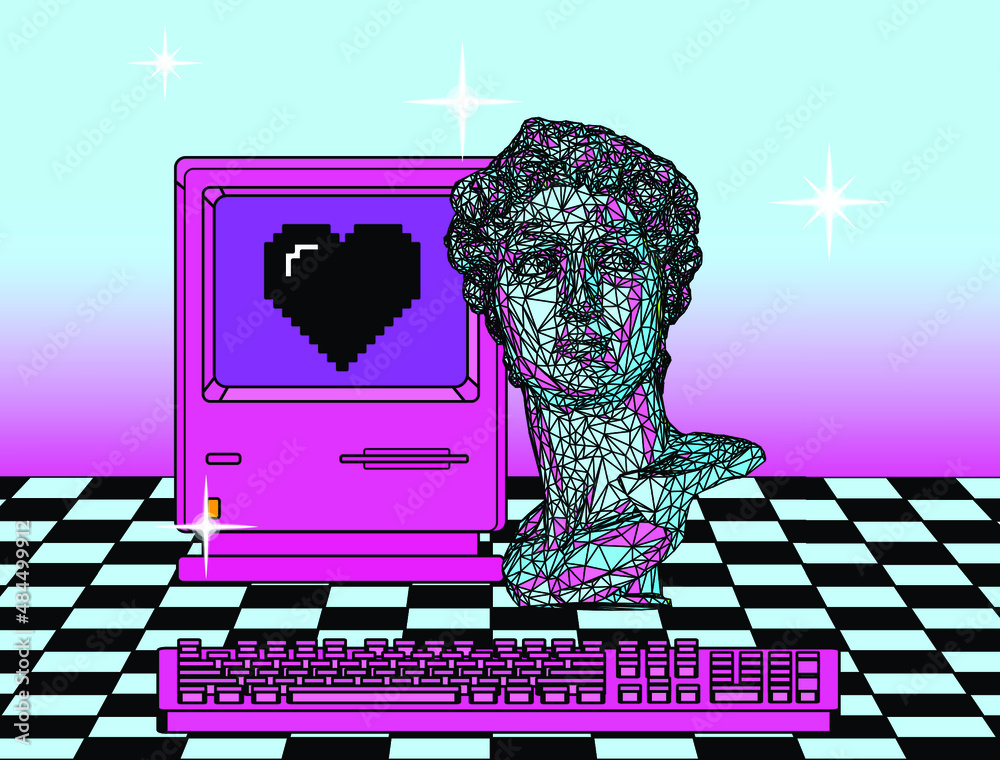 Poster retro pc machine with crt monitor and keyboard. vaporwave style vector illustration in pastel colors