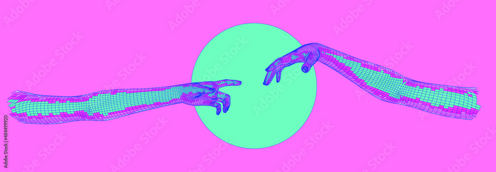 Poster 3d low poly model of hands going to touch together.