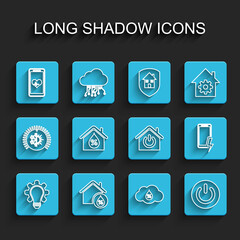 Set line Light bulb and gear, House humidity, Mobile with heart rate, Humidity, Power button, charging battery and Smart home icon. Vector