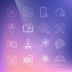 Set line Download inbox, Headphones with speech bubble chat, Crossed hammer and wrench, Mobile service, Interesting facts, Location, Hashtag and Wrench gear icon. Vector