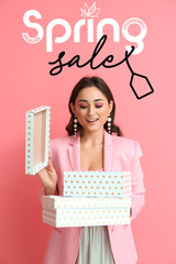 Beautiful woman with gifts on color background. Spring sale