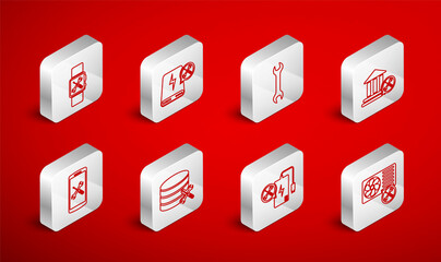 Set line Air conditioner service, Power bank, Wrench, Bank building, Smartwatch, Database server and Smartphone icon. Vector