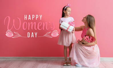 Beautiful greeting card for International Women's Day celebration with young woman and her little daughter