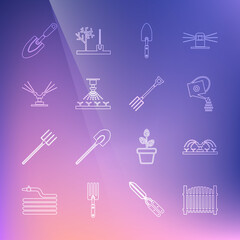 Set line Garden fence, Automatic irrigation sprinklers, Watering can, trowel spade or shovel, and pitchfork icon. Vector