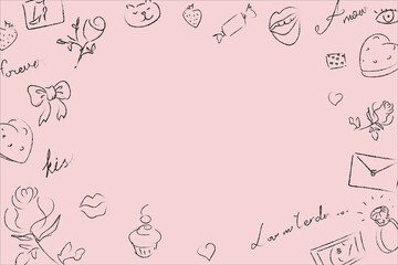 Background set, on a nude pink black line drawing. Pattern: kissing couple, heart, rose, love, flowers, sweets, gifts, candies, envelopes, cats, strawberries, diamond engagement ring. Valentine's Day.