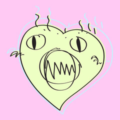 Evil heart monster vampire werewolf with teeth fangs and paws. Heart eater, heartbreaker, not love, disappointment, feelings, broken heart. Valentine's Day. Date. Pink background, yellow lemon heart.
