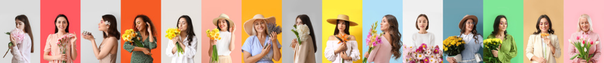 Group of beautiful women with fresh flowers on color background