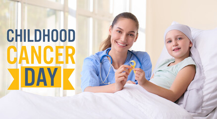 Awareness banner for International Childhood Cancer Day with doctor and little girl holding golden ribbon