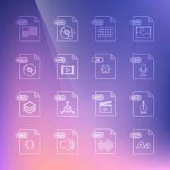 Set line OTF file document, EPS, OGG, PNG, MP4, WMA, PDF and JS icon. Vector