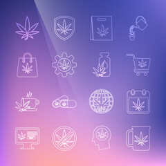 Set line Cup tea with marijuana, Calendar and, Shopping cart, bag of, Test tube, Marijuana or cannabis leaf and oil icon. Vector