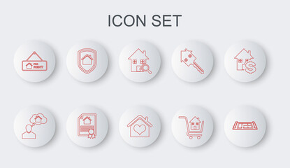 Set line House plan, Man dreaming about buying house, Search, Shopping cart with, Hanging sign For Rent, under protection, contract and heart shape icon. Vector