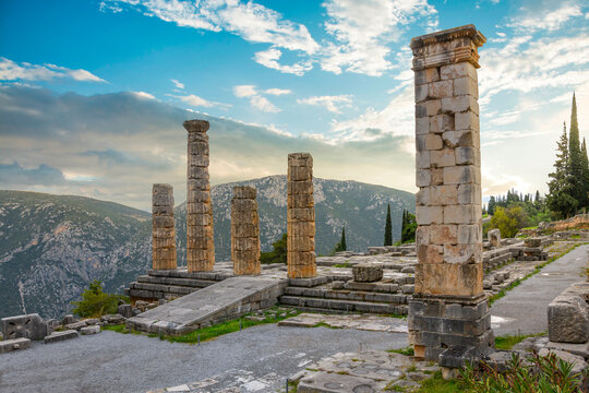 The ancient ruins of the Temple of Apollo at Delphi, Greece.