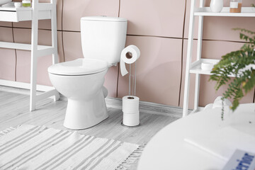 Interior of modern restroom with toilet bowl