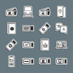Set line Bus ticket, Online hotel booking, Translator, Train, Ticket, Cover travel guide, Museum and Airline icon. Vector