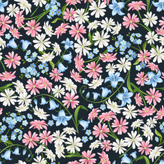 Floral pattern with small pink, blue, and white flowers on a dark blue background. Vector seamless background - obrazy, fototapety, plakaty