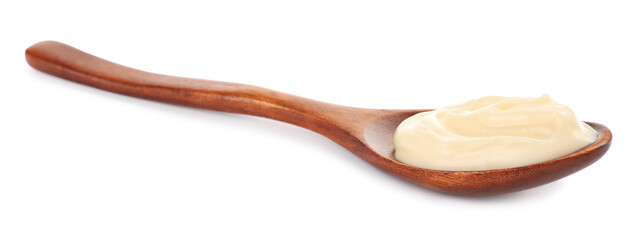 Wooden spoon with mayonnaise isolated on white