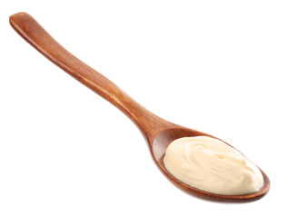 Wooden spoon with mayonnaise isolated on white