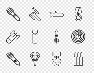 Set line Biohazard rocket, Bullet, Submarine, Parachute, Nuclear, Military dog tag, reward medal and Radar with targets icon. Vector