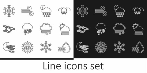 Set line Water drop percentage, Fog and cloud with sun, Cloud snow moon, Snowflake, Windy weather and icon. Vector