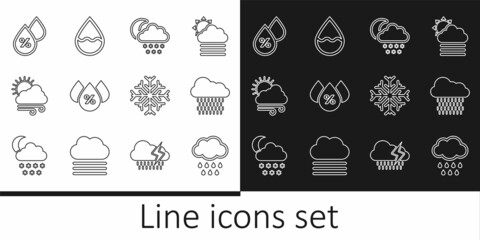 Set line Cloud with rain, snow and moon, Water drop percentage, Windy weather, Snowflake and icon. Vector