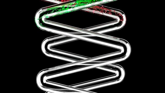 Green and red liquid flow in glass tubes on black 