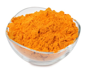Aromatic saffron powder in bowl on white background