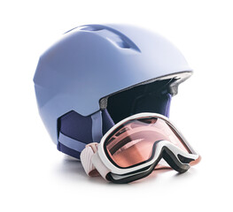 Ski or snowboarding helmet with goggles isolated on white background.