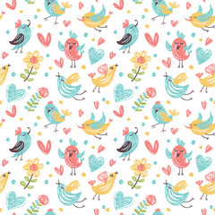 Seamless vector background with birds and flowers. Children style.