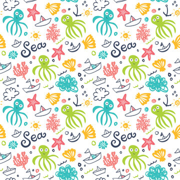 Summer seamless background with octopuses, corals, starfish and shells.