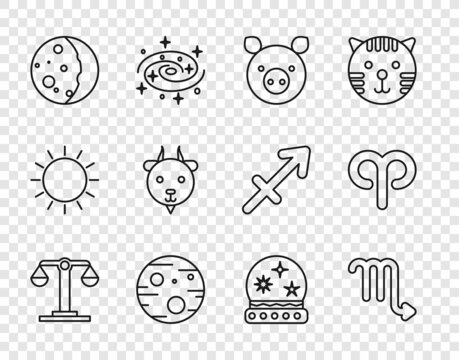 Set line Libra zodiac, Scorpio, Pig, Planet Mars, Eclipse of the sun, Aries, Magic ball and icon. Vector