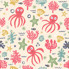 Summer seamless background with octopuses, corals, starfish and shells.