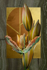 yellow and orange tulips on a gold background; abstract flower arrangement.