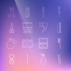 Set line Eyebrow tweezers, Hairbrush, Nail file, shadow palette, Scissors, Eyelash curler and dryer icon. Vector