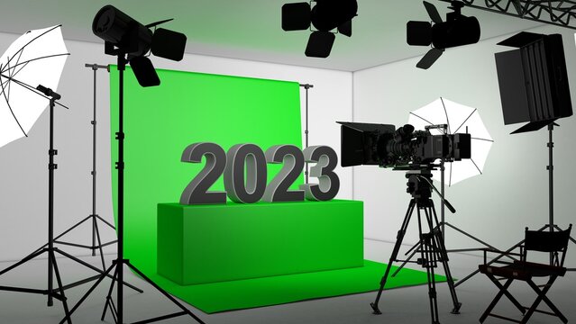 3D illustration of green studio equipment setup with the number 2023 on a green screen