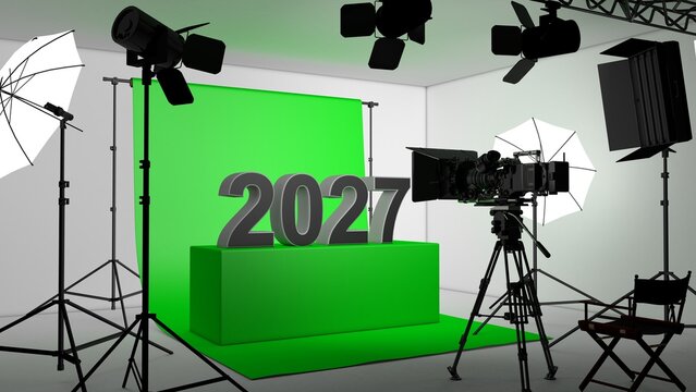 3D illustration of green studio equipment setup with the number 2027 on a green screen