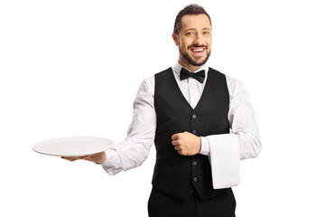 Professional waiter holding an empty plate and smiling