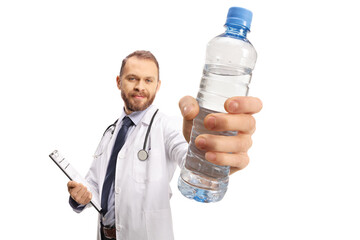 Young male doctor holding a clipboard and a bottle of water