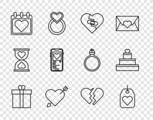 Set line Gift box and heart, Heart tag, Healed broken, Amour with arrow, Calendar, Mobile, Broken and Wedding cake icon. Vector