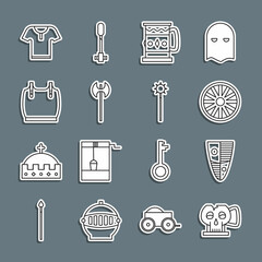 Set line Cup from the skull, Shield, Old wooden wheel, Wooden mug, Medieval axe, Body armor, and chained mace ball icon. Vector