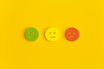Emoticon smile on a yellow background. Customer feedback.