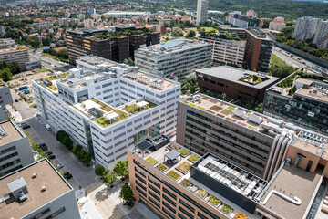Modern ecological green roofs on office buildings in Prague.