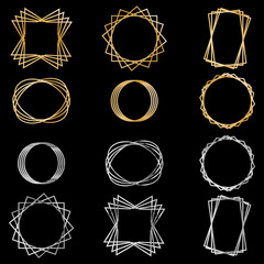 Set of gold and silver frames on a  black background. Geometric figures. Modern gold  and silver stripes.Vector illustration.