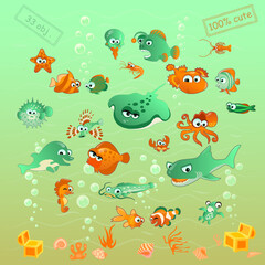 Fototapeta na wymiar Sea fishes in cartoon style. Funny and cute ocean characters. 