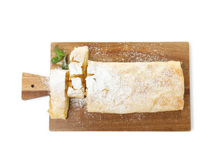 Delicious apple strudel with powdered sugar and mint on white background, top view