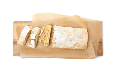 Delicious apple strudel with almonds and powdered sugar on white background, top view