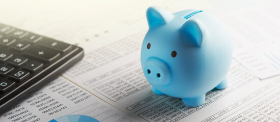 Moneybox for money on the background of documents and financial charts. Investment and capital accumulation concept.