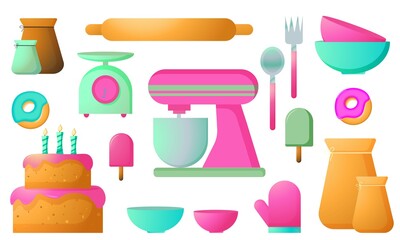 Vector confectionery set for making cake, repairs, ice cream. Collection of kitchen utensils icons, rolling pin, mixer, scales, cup. Use for design, scrapbooking, stickers, poster.