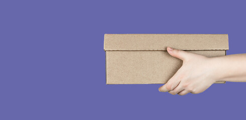 Large cardboard box in hands isolated on very peri background, lavender color