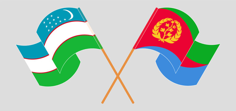 Crossed and waving flags of Uzbekistan and Eritrea